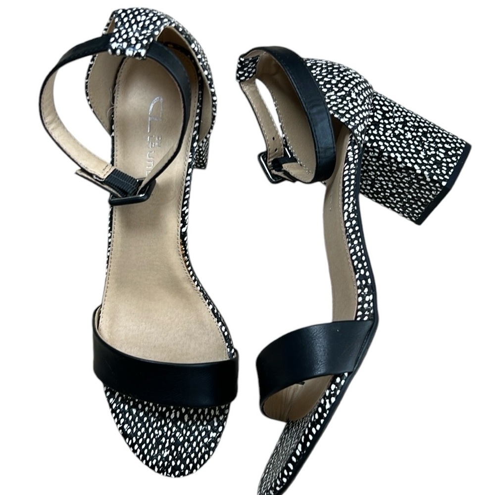 CL by Laundry Womens Black White Heels Sandals Block Heel Ankle Strap Size 11